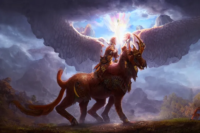 Image similar to a mythical chimera purging the village people with divine light, digital painting, mixed media, trending on artstation and deviantart, epic composition, magnum opus, highly detailed, 8 k