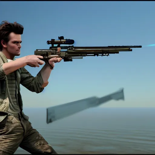 Prompt: hyperrealistic image of ace ventura firing an lmg, stunning 3 d render, inspired by istvan sandorfi & greg rutkowski & unreal engine, perfect symmetry, dim volumetric cinematic lighting, 8 k octane comprehensive render, extremely hyper - detailed, incredibly lifelike attributes, intricate, real flesh texture, masterpiece, artstation, stunning,