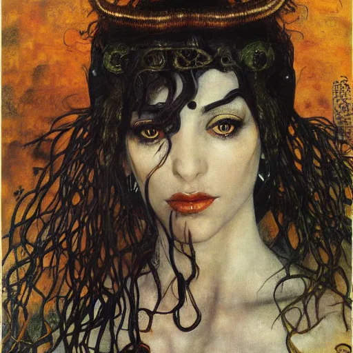 Image similar to head and shoulders portrait of a female elf sorcerer, royo, klimt, miro, vallejo, frazetta, giger, whealan