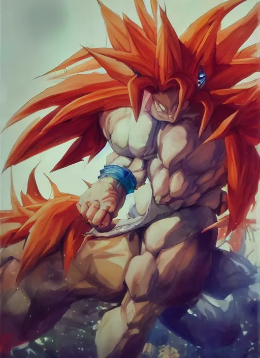 Image similar to semi reallistic gouache gesture painting, by yoshitaka amano, by ruan jia, by Conrad roset, by dofus online artists, detailed anime 3d render of gesture painting of Crono as a super Saiyan, young Crono blond, Crono, Dragon Quest, Crono, goku, portrait, cgsociety, artstation, rococo mechanical, Digital reality, sf5 ink style, dieselpunk atmosphere, gesture drawn