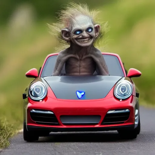 Image similar to gollum driving a porsche