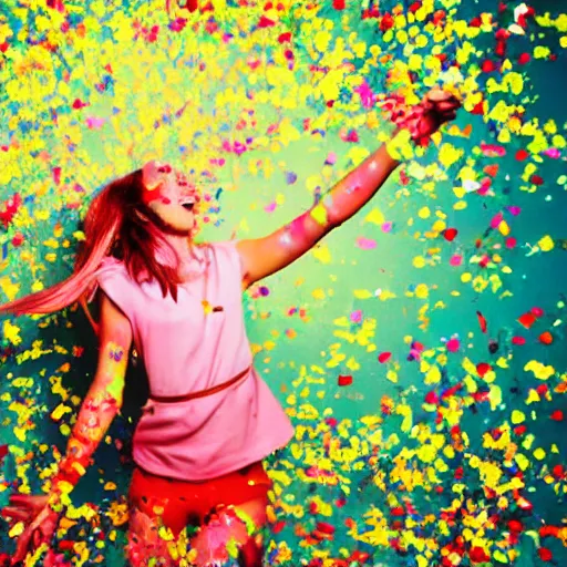 Image similar to girl exploding into a cloud of confetti, festive, neon, bright colors, daytime