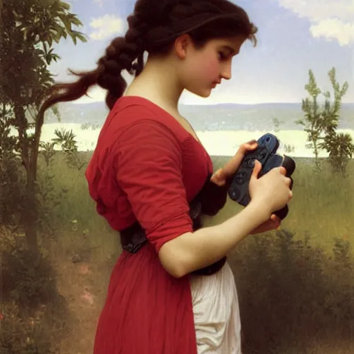 Image similar to teenage girl playing on her nintendo switch, painting by adolphe bouguereau, hyper detailed,