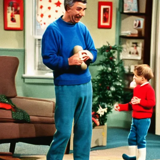 Prompt: fred rodgers, mr. rodgers neighborhood, blue sweater, putting on his shoes,