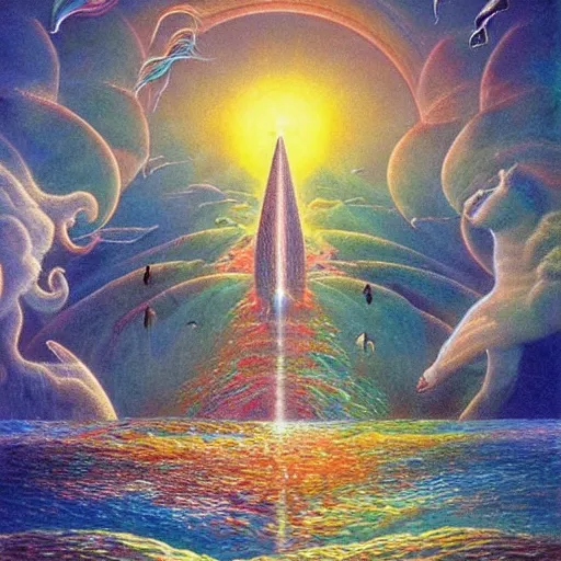 Prompt: gilbert williams portrait of a crystal temple in atlantis, iridescent dolphins swimming in the sea, unicorn flying in the sky, paleozoic anima flying in the sky,