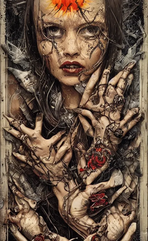 Prompt: a horror tarot card design with intricate details :: Sandra Chevrier and bastien lecouffe deharme