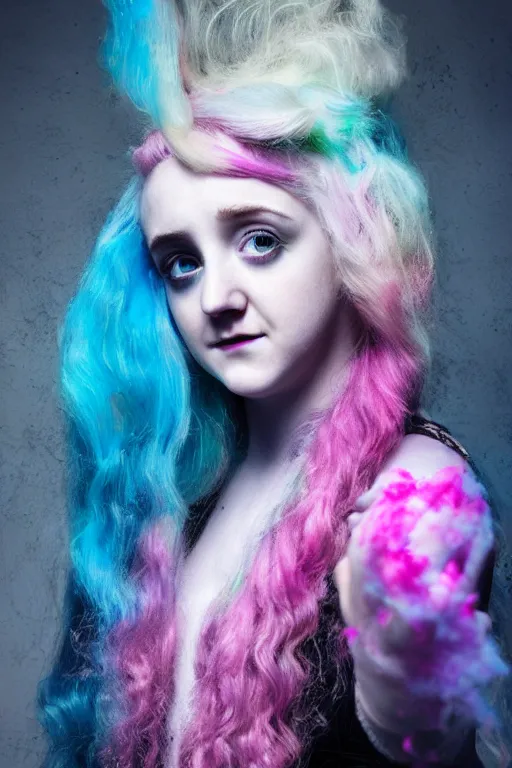 Prompt: dramatic lighting photo of a beautiful young woman, evanna lynch as delirium of the endless with cotton candy hair. paint splashes. moody and melancholy. with a little bit of cyan and pink,