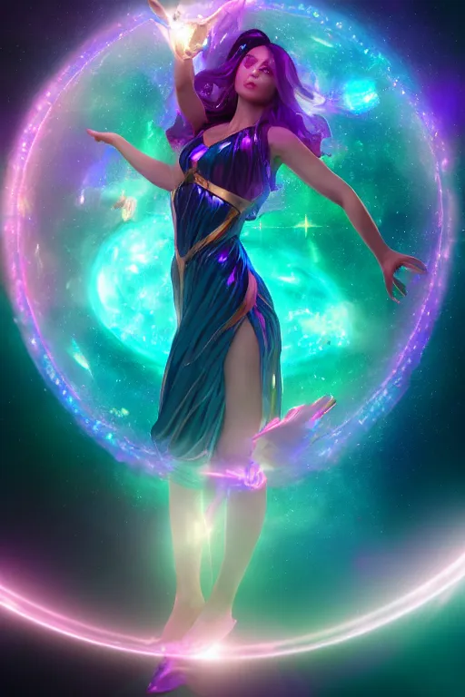 Prompt: Celestial goddess of time and space floating in the cosmos striking beauty oracle trending on artstation purple amathist color scheme + gemstone crystals + realistic + photorealistic + octane render + 3d render