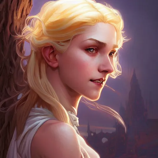 Prompt: an epic fantasy comic book style portrait painting of a young blonde girl thief, d & d, fantasy, joyful smirk, intricate, elegant, digital painting, artstation, concept art, matte, sharp focus, illustration, art by artgerm and greg rutkowski and alphonse mucha