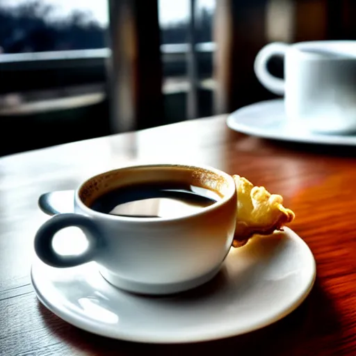 Image similar to realistic detailed photo of a steaming cup of coffee on a saucer with a flaky pastry on the side and a coffee spoon next to it on the table in a hotel lobby, liminal, hdr, volumetric lighting, dim light, diffuse light, depth of field