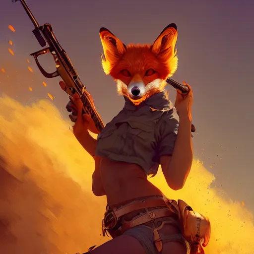 Image similar to splash art of cute feminine anthropomorphic vulpes vulpes fulva bounty huntress in the wild west, rugged clothes, motion blur, firefight, high energy action, dust, blurry : by weta, greg rutkowski, wlop, ilya kuvshinov, rossdraws, artgerm, octane render, liosh, mucha