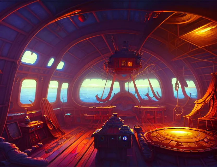 Image similar to interior view in the captain's cabin of a flying ship, d & d spelljammer fantasy art, artstation contest winner, beautiful digital painting in the style of dan mumford, art by kev chan, volumetric lighting, concept art, speedpainting, fantasypunk, deep colors, cgsociety, by gerald brom