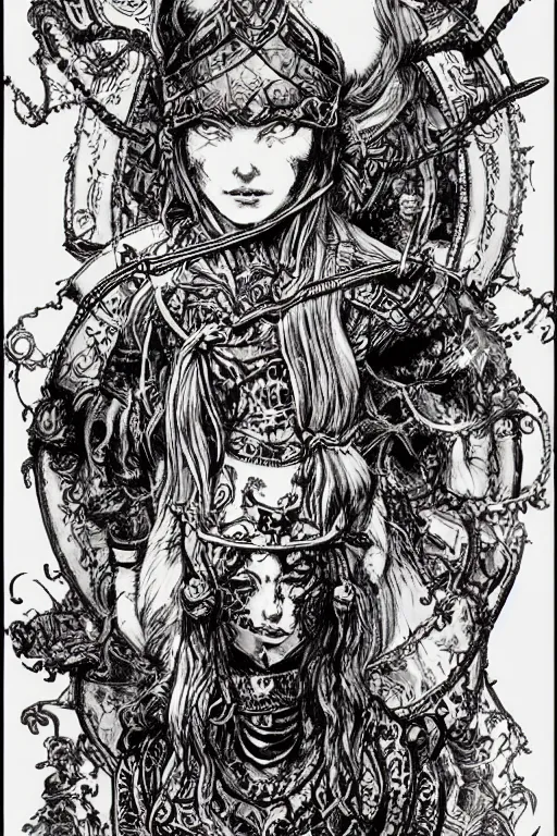 Image similar to Viking Alice in wonderland tarot card , pen and ink, intricate line drawings, by Yoshitaka Amano, Ruan Jia, Kentaro Miura, Artgerm, watercolor