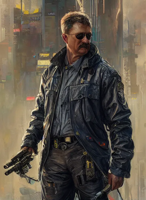 Image similar to Modern Teddy Roosevelt. Cyberpunk cop in tactical gear. plastic raincoat. blade runner 2049 concept painting. Epic painting by James Gurney, Azamat Khairov, and Alphonso Mucha. ArtstationHQ. painting with Vivid color. (rb6s, Cyberpunk 2077)