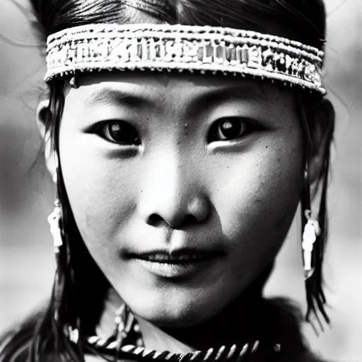 Image similar to a Sebastião Salgado's photograph of portrait a tibetan young woman wearing a traditional dress looking at the camera, high quality, award wining, 4k