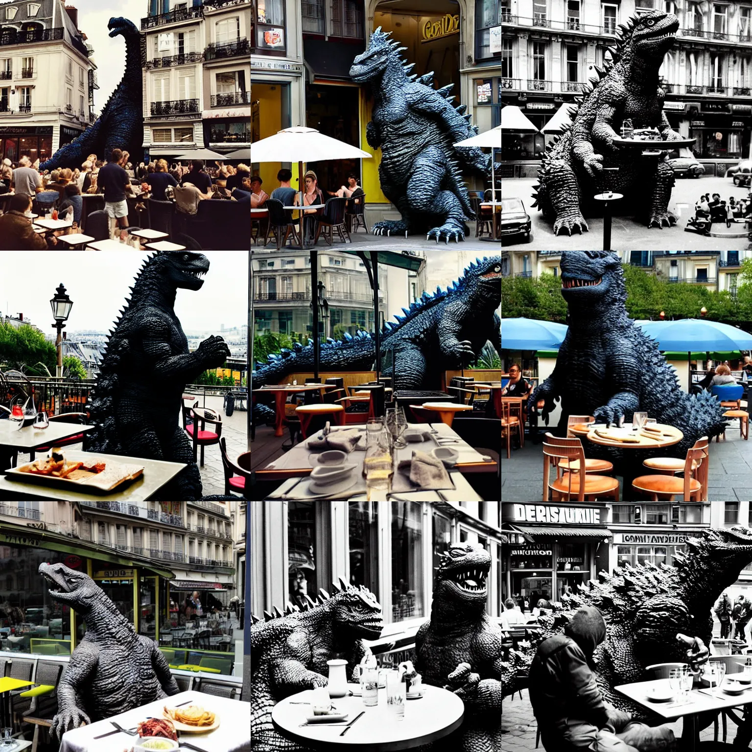 Prompt: godzilla is seated in a restaurant, at the terrace of a parisian cafe.