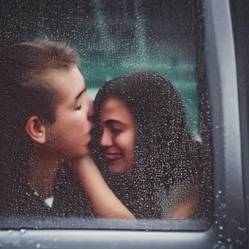 Image similar to close up through steamy window highschool kids making out in a car at night, raining!!! steamy windows!!, colorful!!, nighttime!!