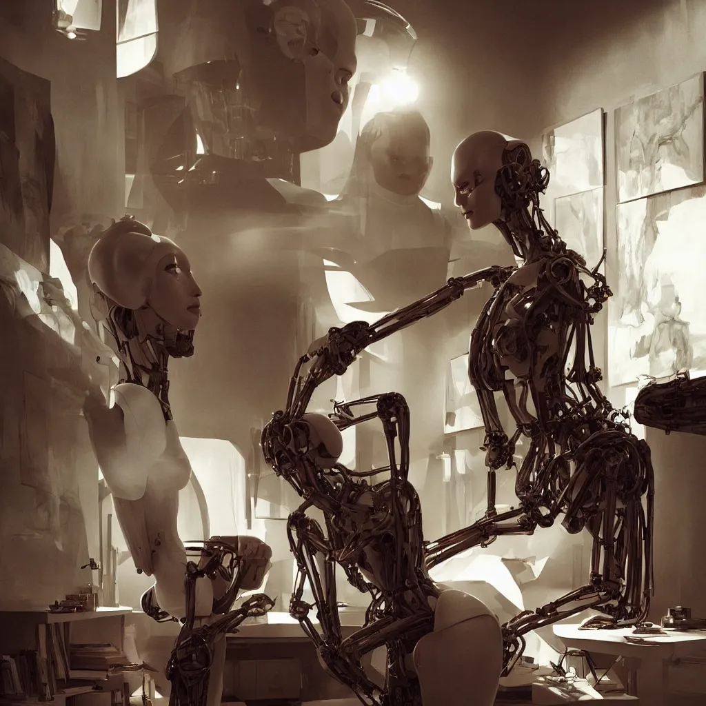 Prompt: extremely detailed cinematic movie still medium shot of supermodel girl artist working in her studio with human like robot hyperreal skin face by denis villeneuve, wayne barlowe, simon birch, marc simonetti, philippe druillet, beeple, alex grey bright volumetric sunlight, rich moody colors, bokeh