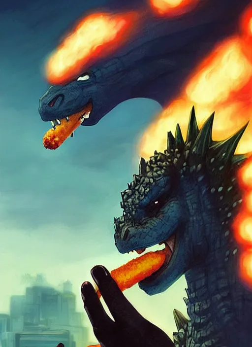 Image similar to beautiful portrait of Godzilla eating a corndog. character design by charlie bowater, ross tran, artgerm, and makoto shinkai, detailed, inked, western comic book art