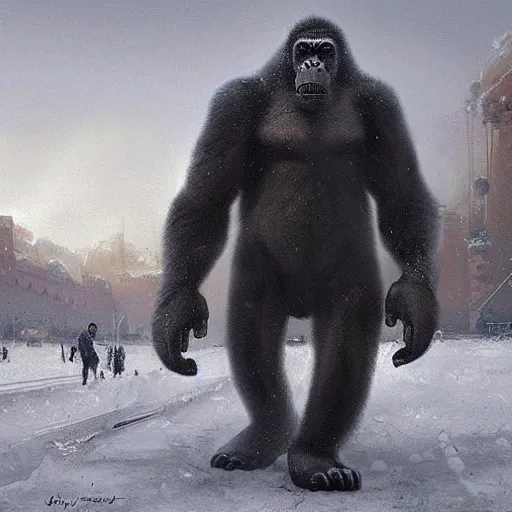 Image similar to angry and aggressive king kong in winter moscow, digital painting, very detailed, art by jakub rozalski