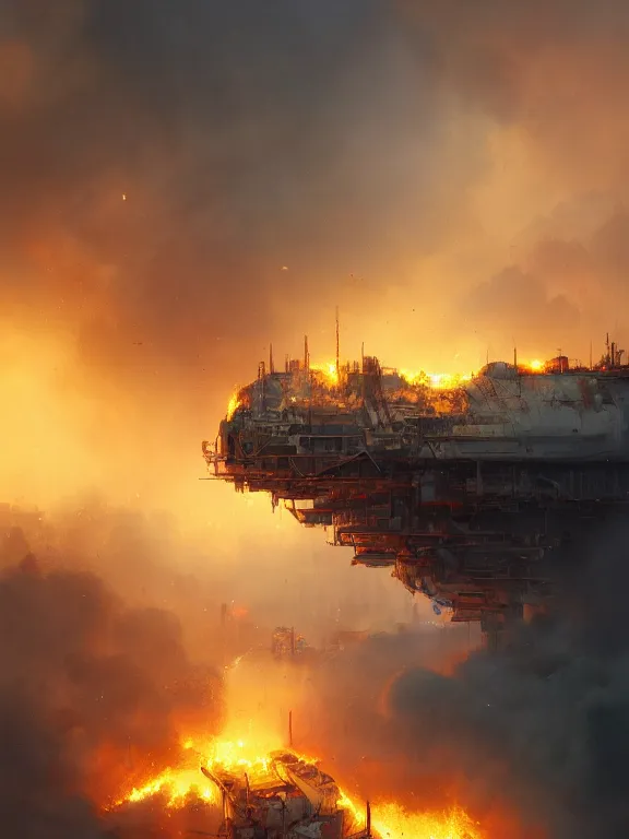 Image similar to photo of 8k ultra realistic oil wells on fire ,heavy clouds, smoke, full of colour, cinematic lighting, battered, trending on artstation, 4k, hyperrealistic, focused, extreme details,unreal engine 5, cinematic, masterpiece, art by Peter Mohrbacher