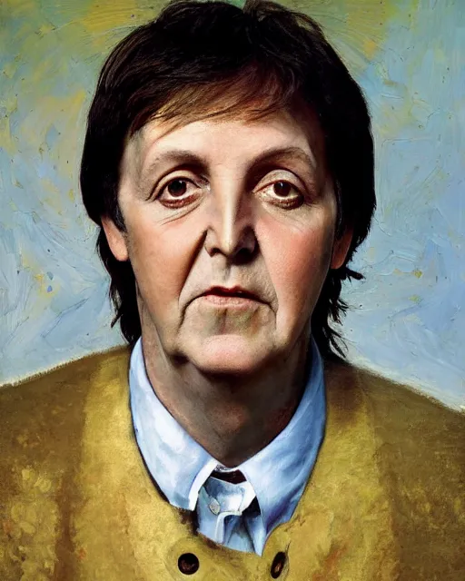 Prompt: painterly portrait, paul mccartney, impasto, fantasy, chuck close:7, carl spitzweg:7, cinematic light, full face, symmetrical face