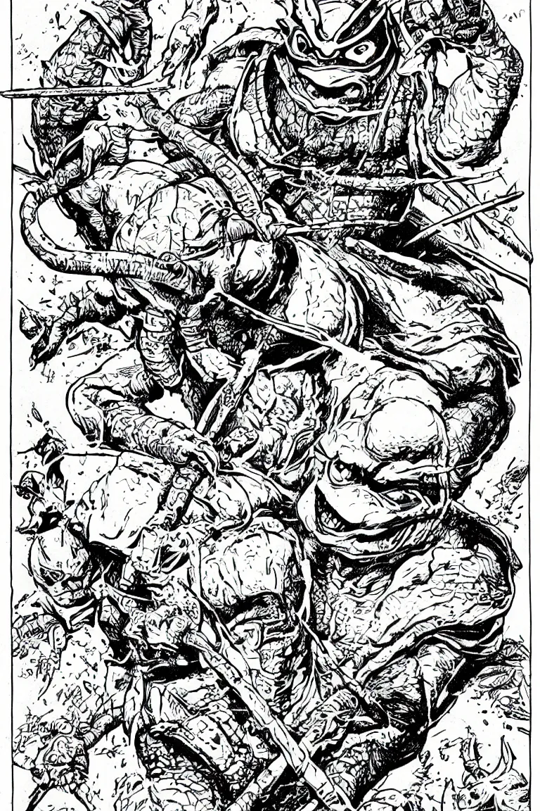 Image similar to Ninja Turtle from the Dungeons and Dragons Monster Manual, line art illustration, 1980s, high detail