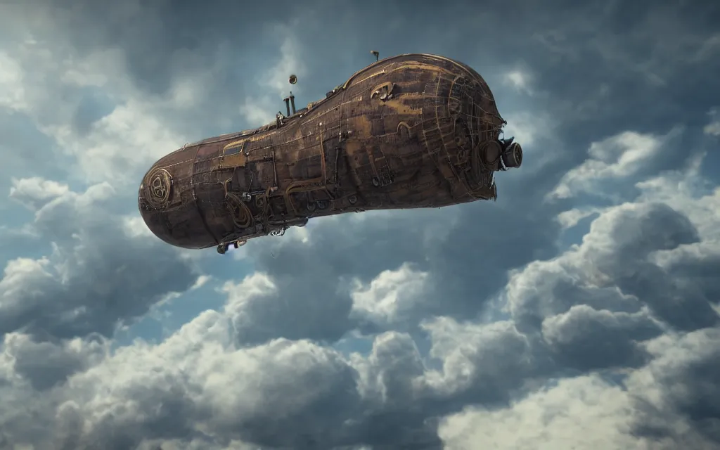 Prompt: steampunk dirigible floating between swirling clouds. photorealistic. 8 k, unreal engine. haze. rococo style