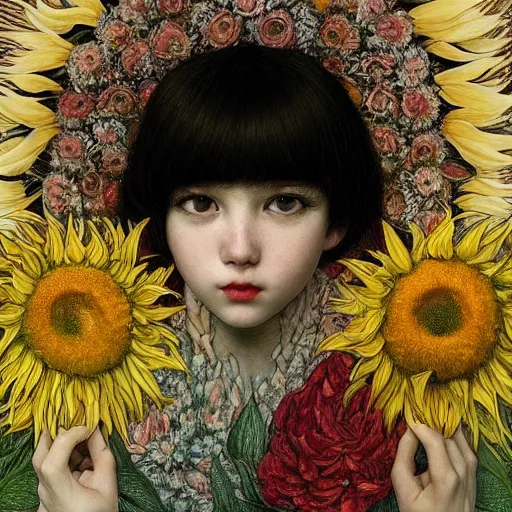 Image similar to white cat girl, botanical, sunflower, portrait face, colorful, frantisek kupka, intricate, miles johnston, kuroda seiki, cynical realism, ozabu, john william godward, painterly, yoshitaka amano, moebius, miles johnston, louise zhang, james jean, mark ryden lowbrow pop surrealism art style