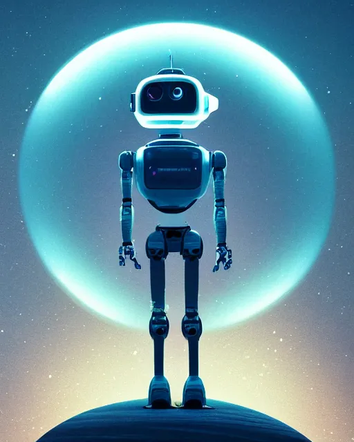 Prompt: a robot standing in front of a glowy open door that's on a barren moon, poster art by mike winkelmann, trending on cg society, space art, sci - fi, ue 5, futuristic, volumetric lighting, light casting onto the ground, neat composition and camera angle