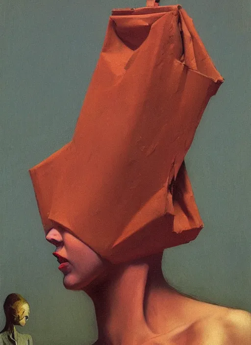 Prompt: woman with a paper bag over the head and a sward Edward Hopper and James Gilleard, Zdzislaw Beksinski, Steven Outram highly detailed