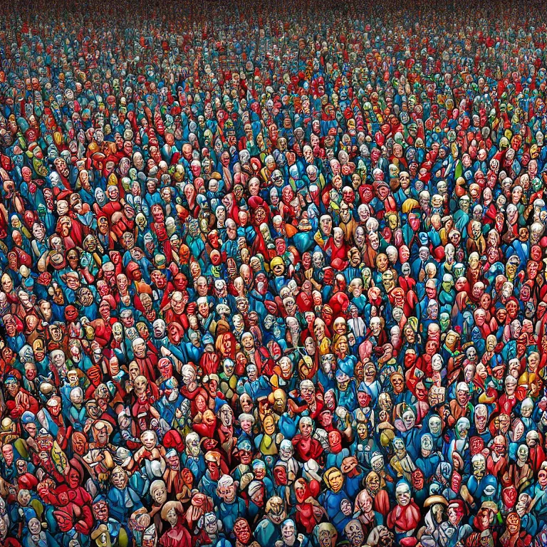 Image similar to an incredibly detailed masterpiece photo of a Where's Waldo puzzle by bosch, ornate, beautiful, bold colors, detailed, high resolution, wow!, realistic, photorealism, intricate, 4k octane render, HDR, unreal engine, zbrush, vfx, very realistic