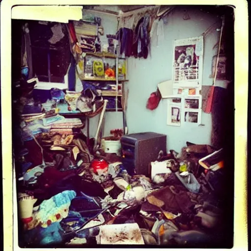 Image similar to messy house in the compulsive hoarder style, polaroid photo, perfect photo, photo pinterest