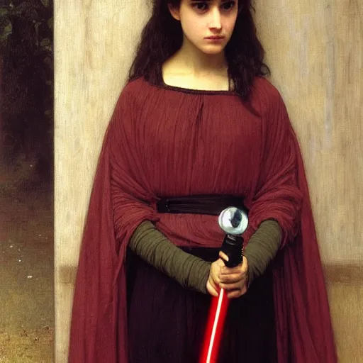 Image similar to a realistic face portrait of a teenage girl who looks like Uma Thurmond and Winona Ryder with an anxious expression and slightly open mouth, wearing ragged Jedi robes and holding a lightsaber, by William-Adolphe Bouguereau, John William Waterhouse, Frederic Leighton, Alphonse Mucha, Edward Burne Jones
