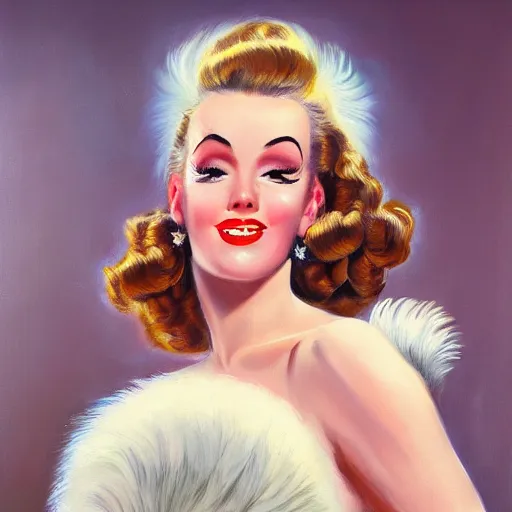 Image similar to texas showgirl, big hair, feathers, 1 9 4 0 s, oil painting, pale colors, high detail, 8 k, wide angle, trending on artstation