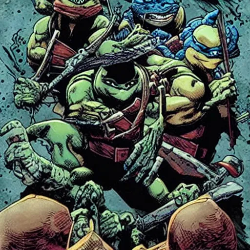 Prompt: in the style of Steve Niles comic art and Rafael Albuquerque comic art, teenage mutant ninja turtles as lovecraftian creatures, sharp teeth, dark scary spooky, violent