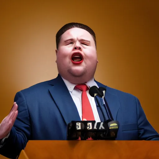 Image similar to professional photograph of an obese ugly white man wearing a mao suit speaking on a podium in an indoor setting, highly detailed, highly intricate, 8k,