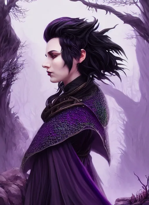 Image similar to side portrait dark witch, adventurer outfit large cloak, fantasy forest landscape, dragon scales, fantasy magic, undercut hairstyle, short purple black fade hair, dark light night, intricate, elegant, sharp focus, illustration, highly detailed, digital painting, concept art, matte, art by wlop and artgerm and ivan shishkin and andrey shishkin, masterpiece