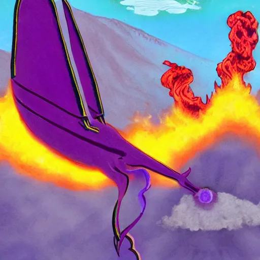 Image similar to a purple dragon blowing green fire fighting a retro spaceship with a volcano in the background, concept art by ken steacy