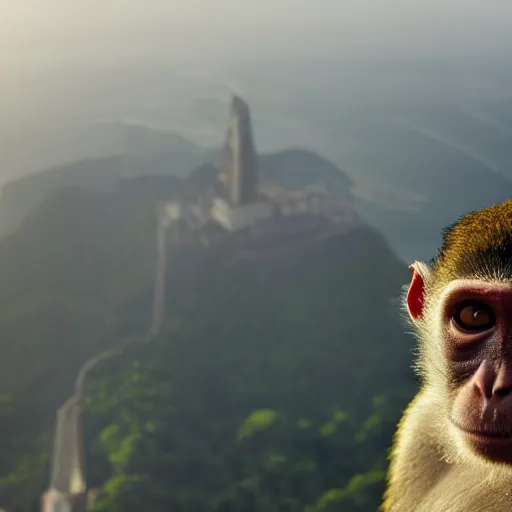 Image similar to high quality portrait of a monkey in front of Christ The Redeemer, studio photograph, photograph, realistic photo, 8k photo, 4k photo, stock photo, high resolution, cinematic shot, high detail