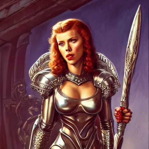 Prompt: A painting of Scarlett Johansson wearing a intricate silver armor and holding a large battle axe ,by by Boris Vallejo , Julie Bell , Brom , Frank Frazetta , Jeff Easley, cinematic, Norman Rockwell ,trending on artstation , rule of thirds ,HD 4k , focus face , body