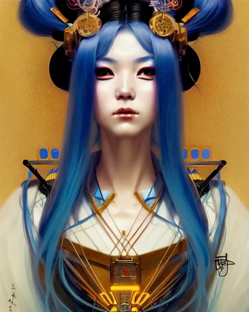 Prompt: portrait of a beautiful cyberpunk geisha with blue hair, beautiful symmetrical face, golden, fantasy, regal, by stanley artgerm lau, greg rutkowski, thomas kindkade, alphonse mucha, loish, norman rockwell.
