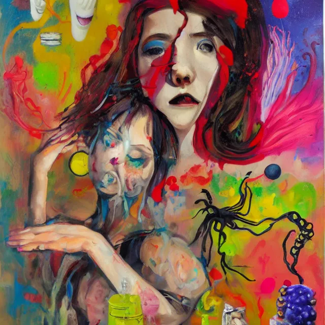 Image similar to brushstrokes, portrait of a female art student falling asleep, scientific research, crashcart, x - ray, sensual, blossom, squashed berries dripping, octopus, candlelight, neo - impressionist, surrealism, acrylic and spray paint and oilstick on canvas