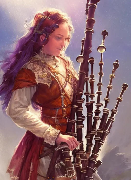 Image similar to female bard playing bagpipe, ultra detailed fantasy, dndbeyond, bright, colourful, realistic, dnd character portrait, full body, pathfinder, pinterest, art by ralph horsley, dnd, rpg, lotr game design fanart by concept art, behance hd, artstation, deviantart, hdr render in unreal engine 5