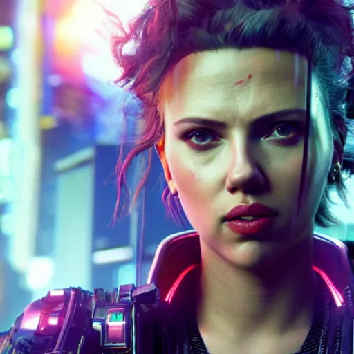 Prompt: scarlett johansson after a bad mission in Cyberpunk 2077. CP2077. 3840 x 2160