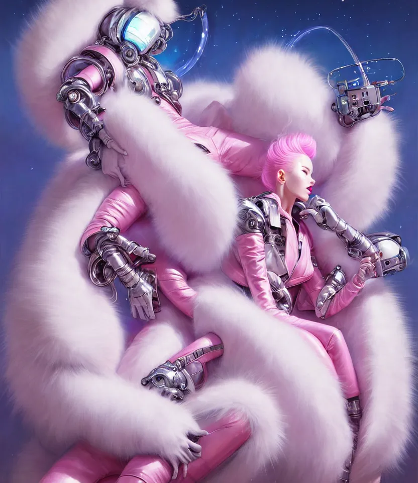Image similar to beautiful fantasy character portrait, wearing pink puffy bomber jacket with white fur, seductive reclining pose, futuristic chrome drones, ultra realistic, dramatic lighting, robots, the fifth element artifacts, highly detailed by peter mohrbacher, hajime sorayama, wayne barlowe, boris vallejo, aaron horkey, gaston bussiere, craig mullins