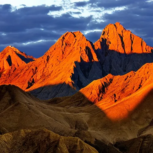 Image similar to an amazing photograph of a mountain range, the setting sun is shining on the peaks of the mountains