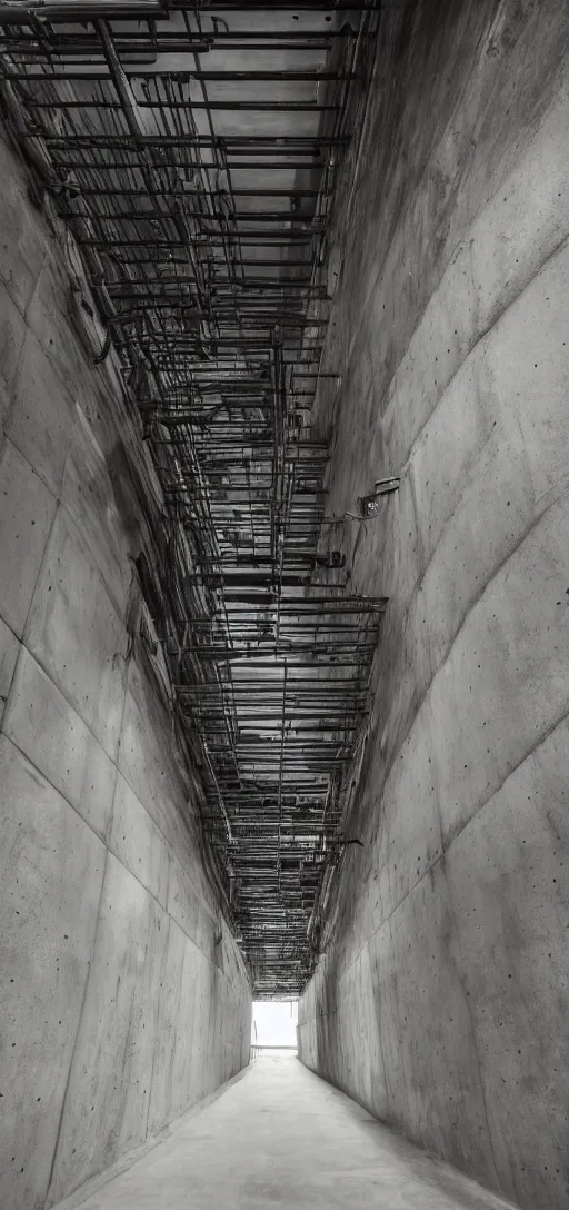 Image similar to endless concrete structure with steel pipes, dark, creepy,