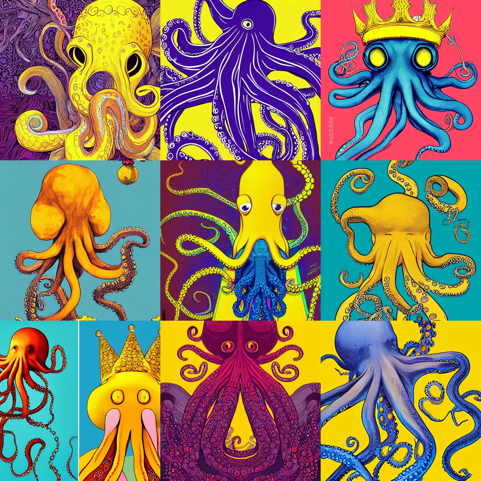 Prompt: portrait of an octopus wearing a yellow crown, fancy, atmospheric, full or color, illustration by James Jean, illustration by Ilya Kuvshinov, illustration by Loish Van Baarle