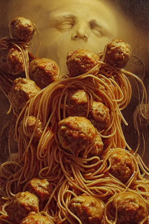 Image similar to plate of spaghetti and meatballs in the style of wayne barlowe, gustav moreau, goward, bussiere, roberto ferri, santiago caruso, luis ricardo falero, dali